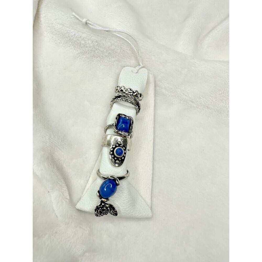 NEW Free People Silver Tone Blue Stone Statement Rings Set of 5 Boho Jewelry